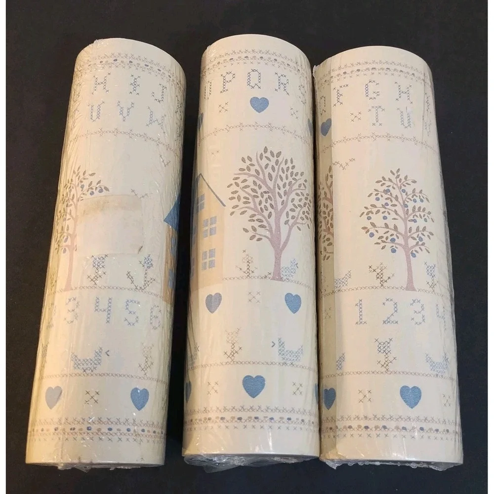 3 VTG Country Cottagecore Wallpaper Border Folk Art Cross Stitch House NEW 5 Yds